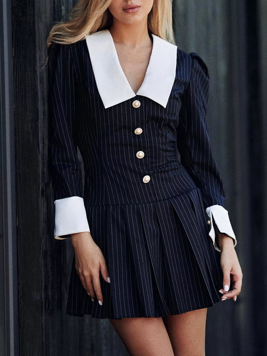 Striped Long-Sleeve Pleated Mini Dress - Navy Blue - View 2