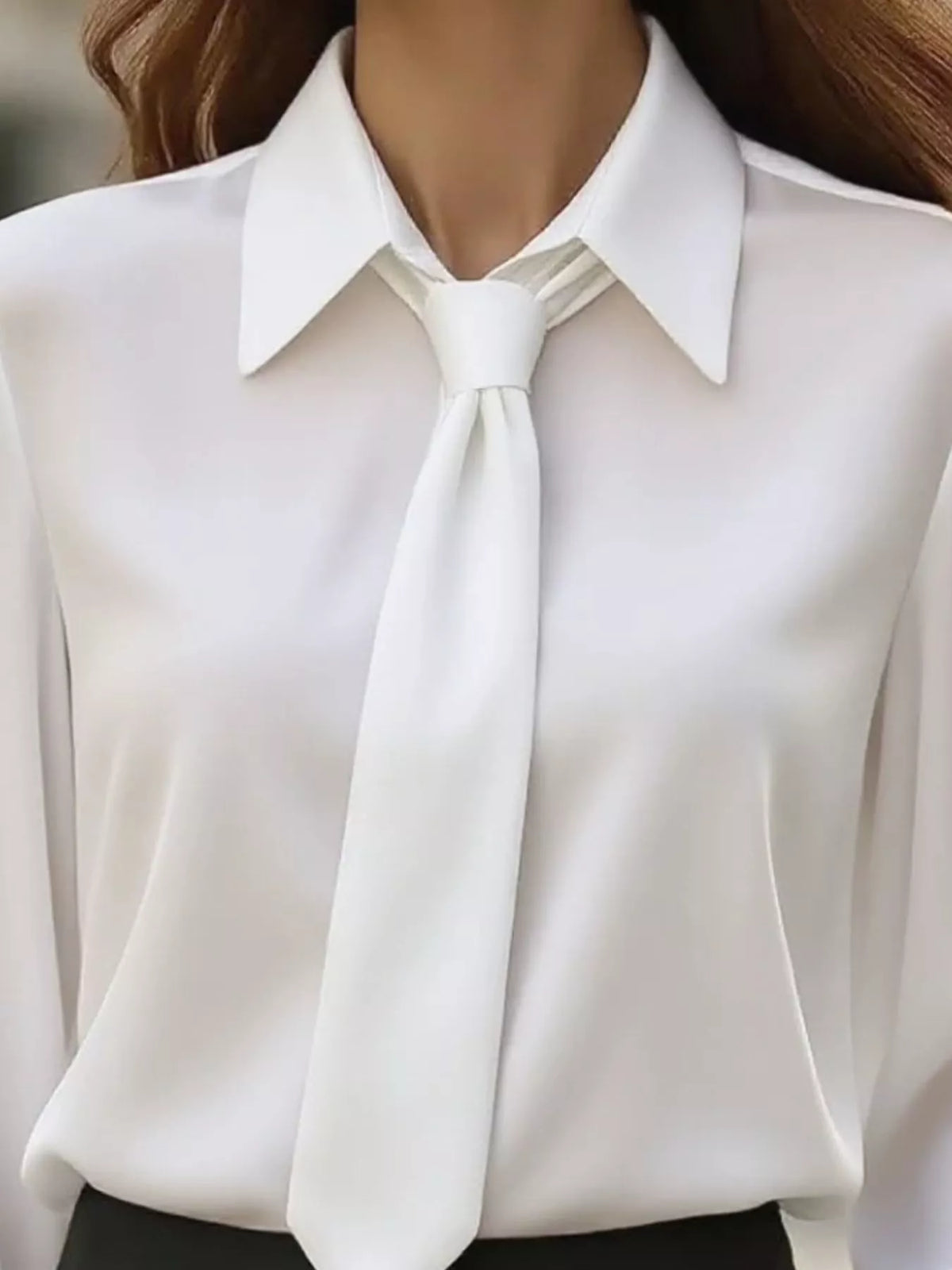 Collared Neck Long Sleeve Blouse - White - View 2