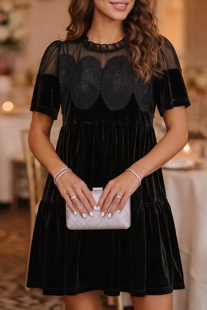 Embroidered Velvet Short Sleeve Mini Shift Dress - Black - View 1