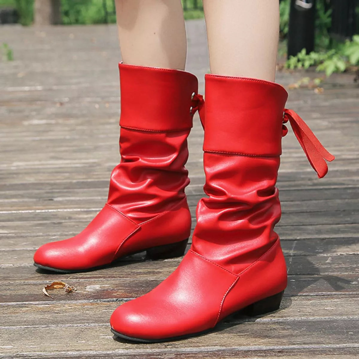 Round Toe Block Heels Boots - Red - View 5
