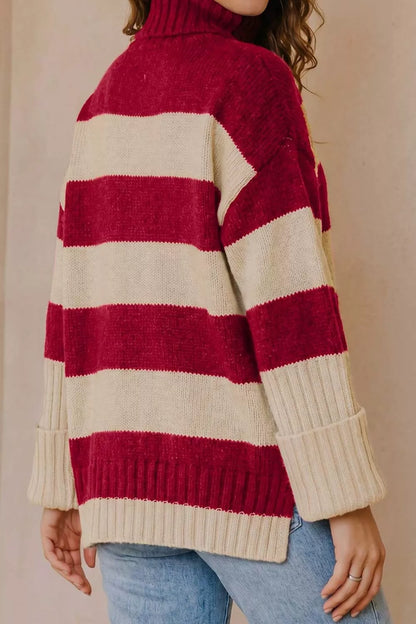 Stripe Ribbed Trim High Neck Relaxed Pullover Sweater - Burgundy - View 5