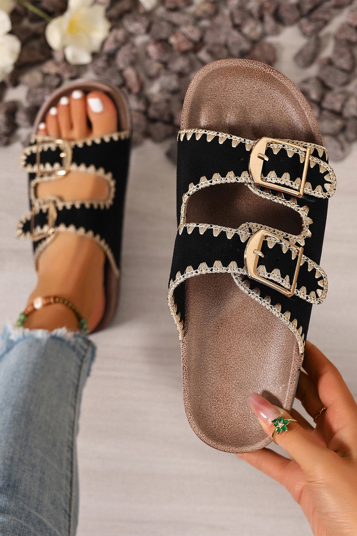 Beige Embroidered Trim Retro Buckle Faux Suede Slippers - 4