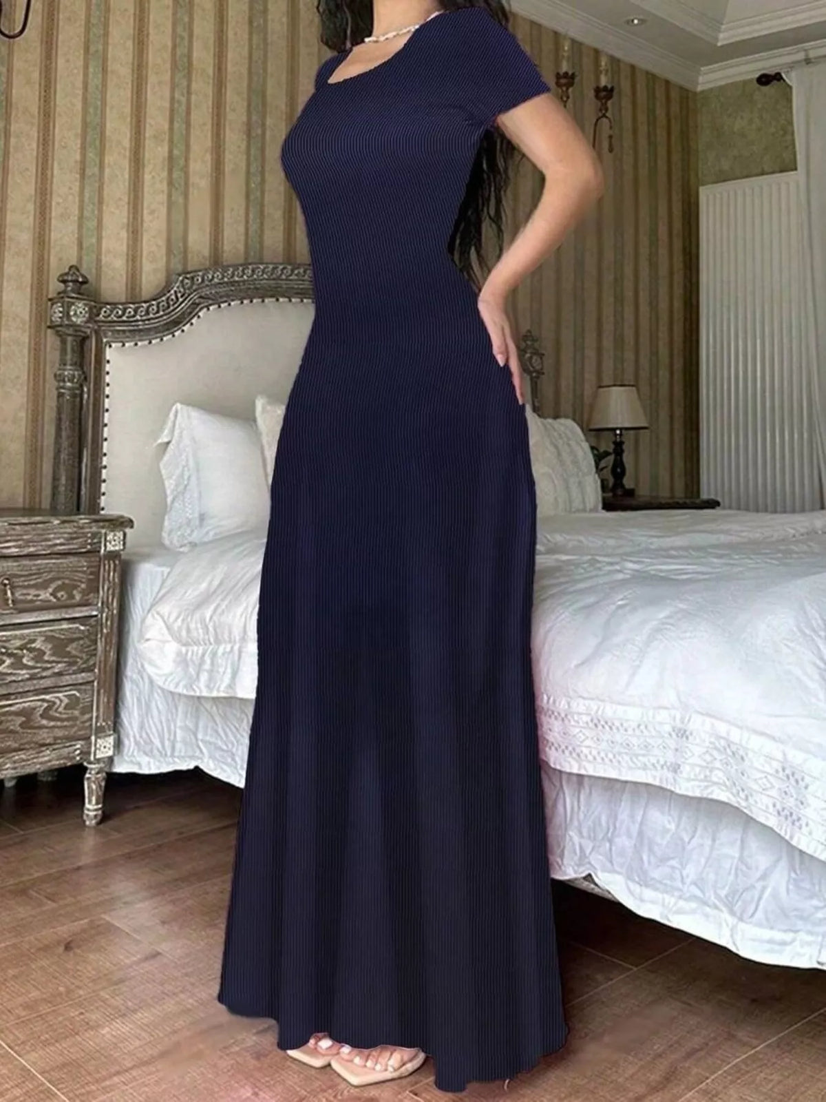 Floral Print Short Sleeve Maxi Dress - Dark Blue - View 1