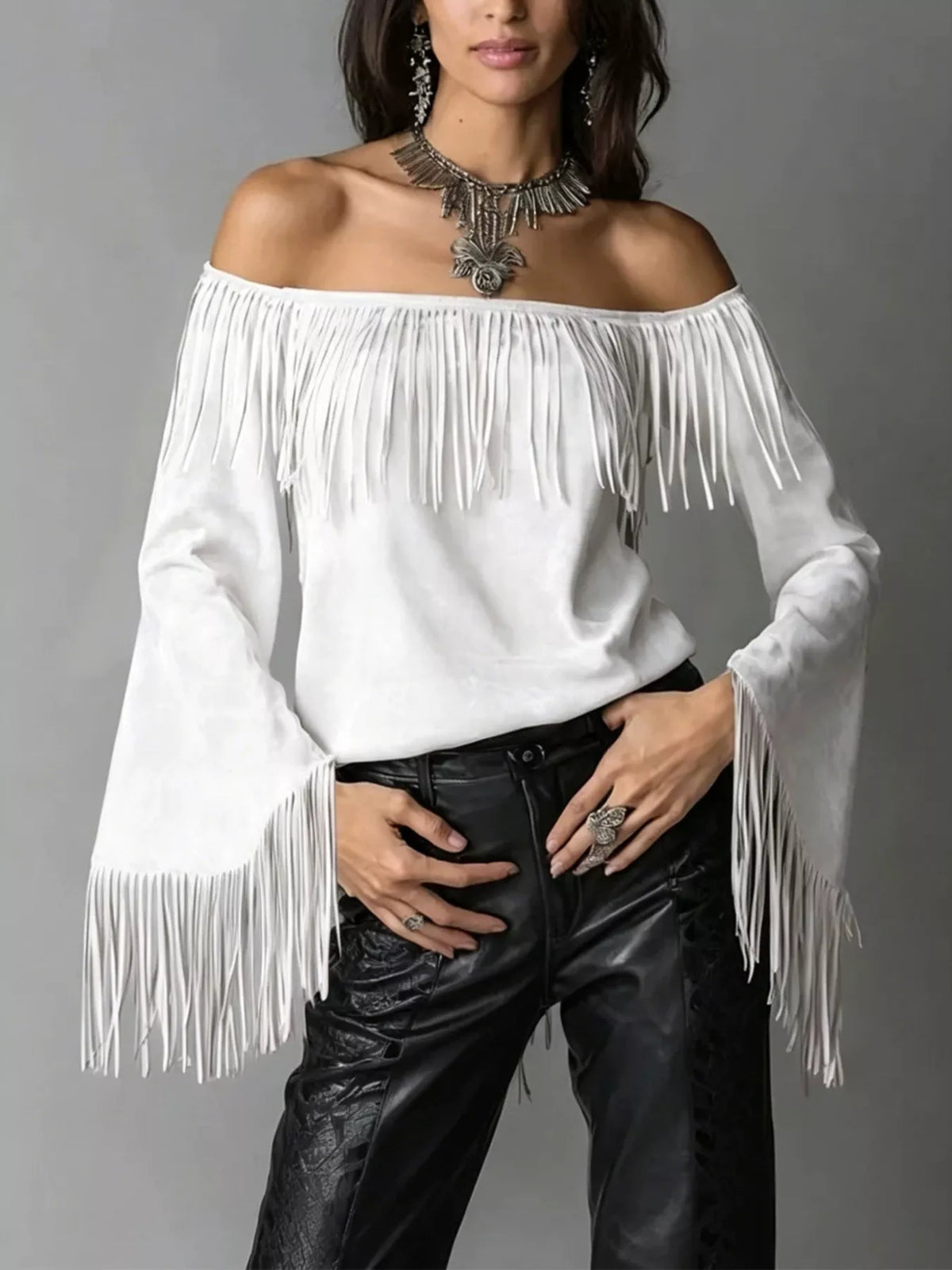 Full Size Fringed Off-Shoulder T-Shirt Plus Size - White - View 1
