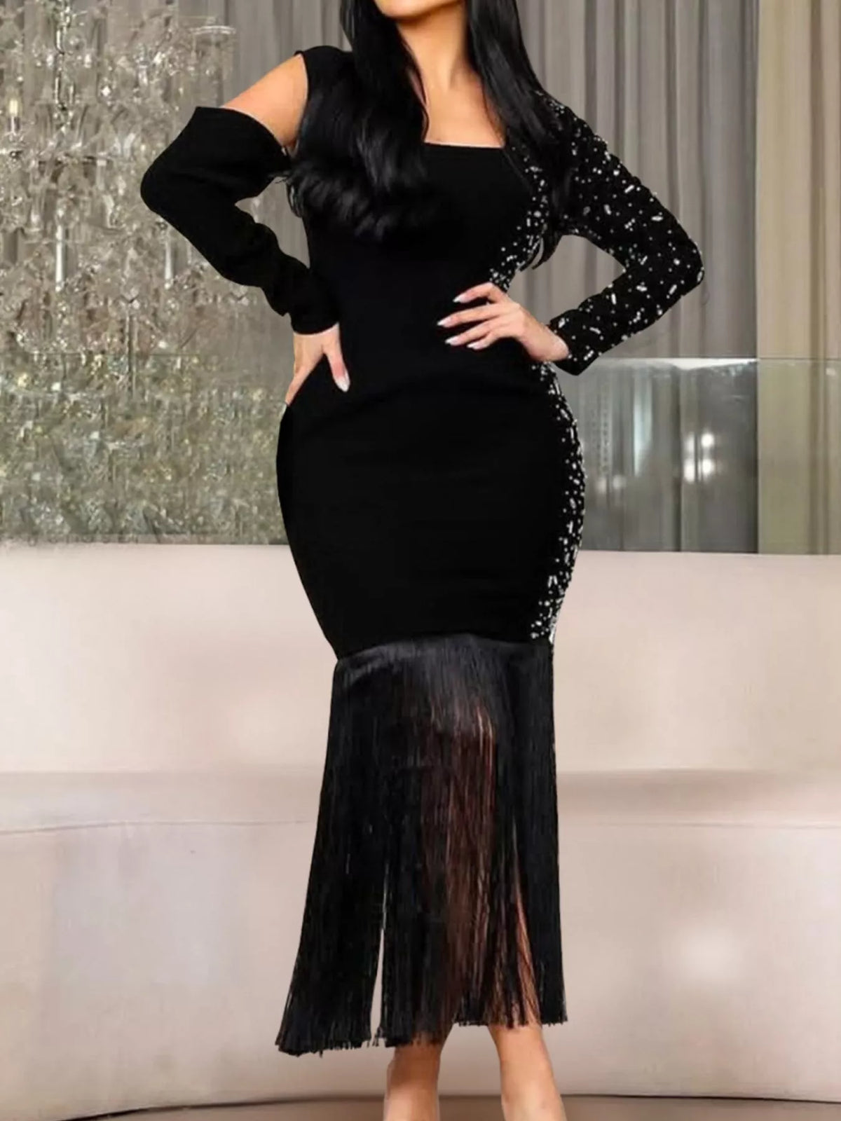 Asymmetrical Rhinestone Fringe Dress - Black - View 1