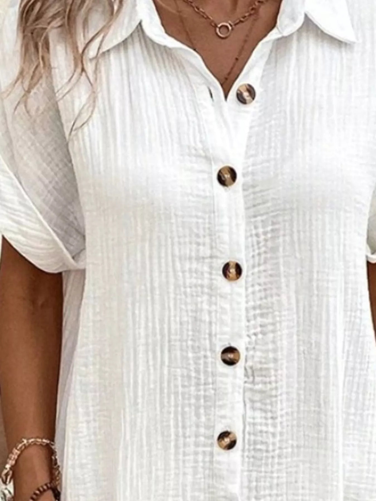 Full Size Button-Down Textured Shirt Dress with Pockets Plus Size - White - View 2