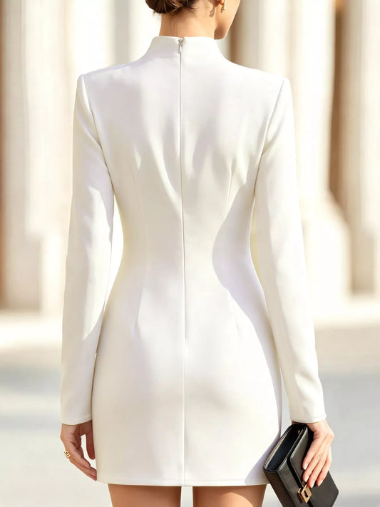 Full Size Decorative Button Mock Neck Mini Dress Plus Size - White - View 2