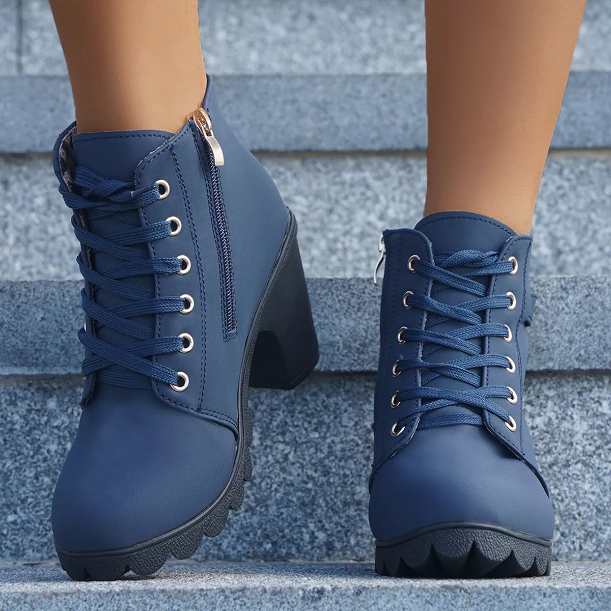 Round Toe Block Heels Boots - Blue - View 2
