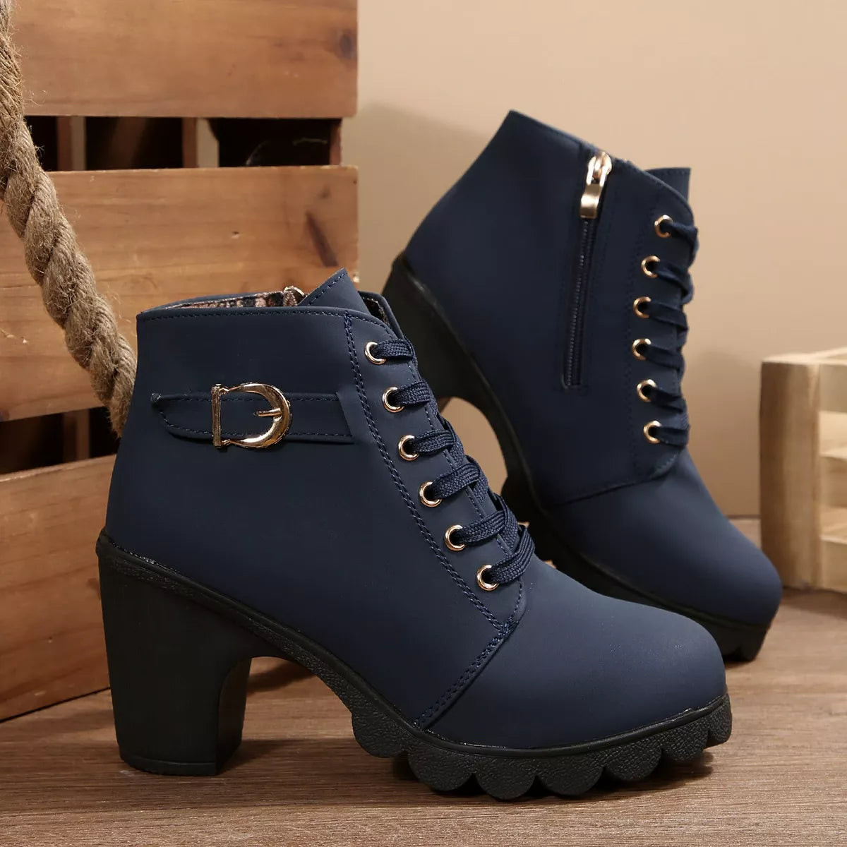 Lace Up Block Heels Boots - Blue - View 25