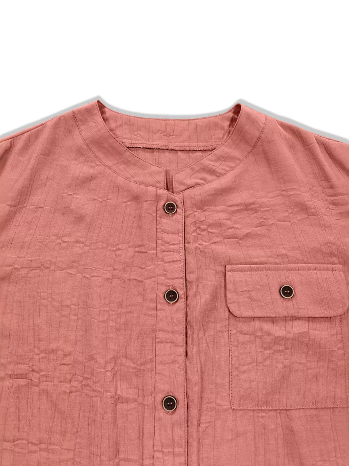 Textured Button-Down Shirt with Chest Pocket - Coral - View 2