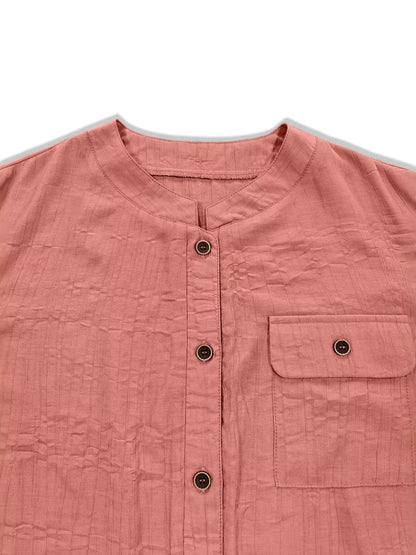 Textured Button-Down Shirt with Chest Pocket - Coral - View 2