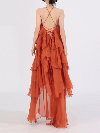 Ruffled Chiffon Halter Neck Maxi Dress - Orange - Styled Rear View