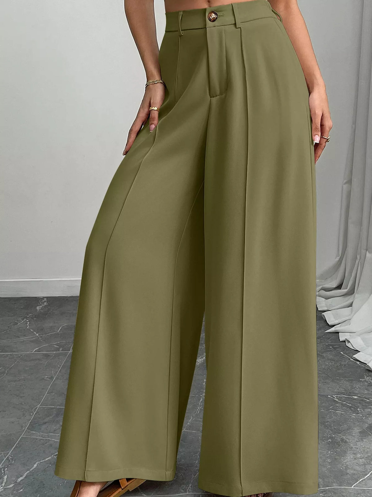 High-Waisted Wide-Leg Pants - Army Green - View 11