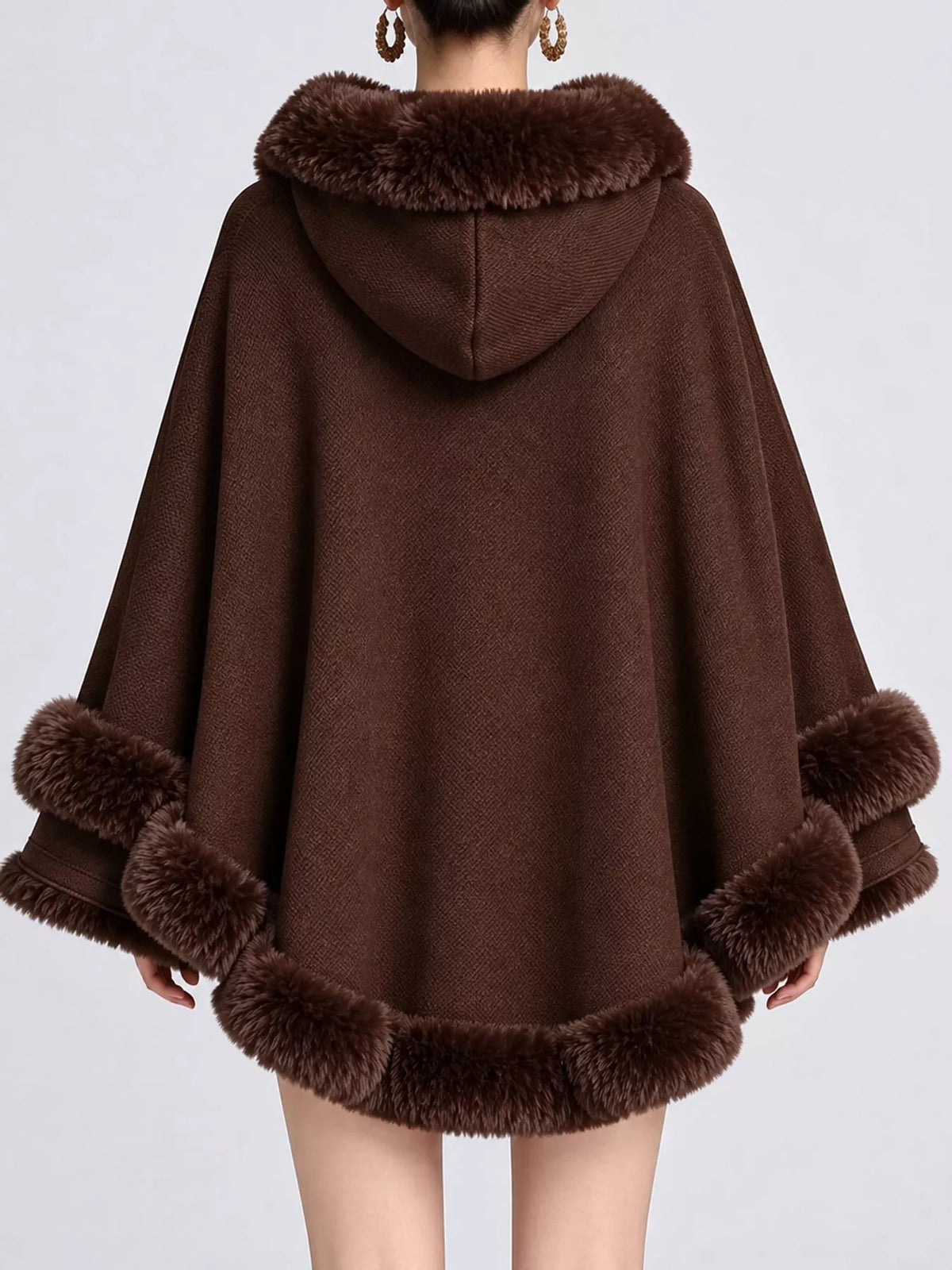 Faux Fur Trimmed Hooded Cape - Coffee - View 56