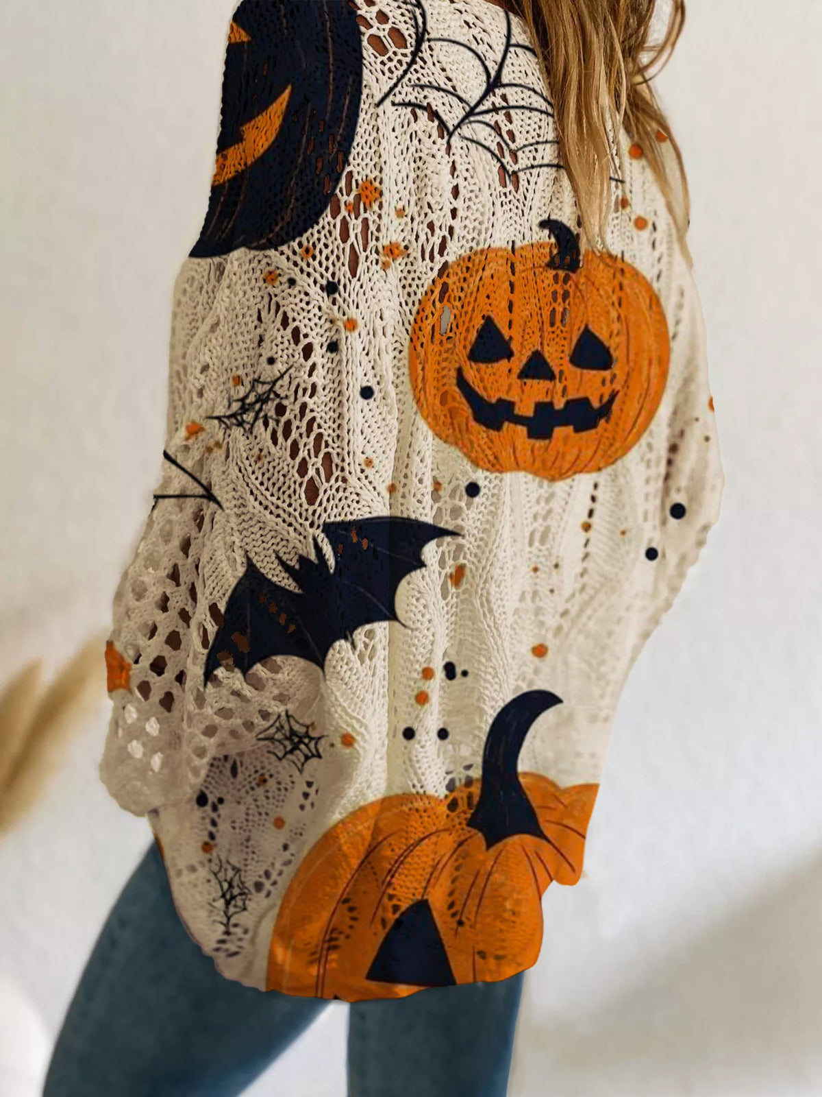 Full Size Halloween Pumpkin Loose Knit Cover Up Plus Size - Khaki - View 2