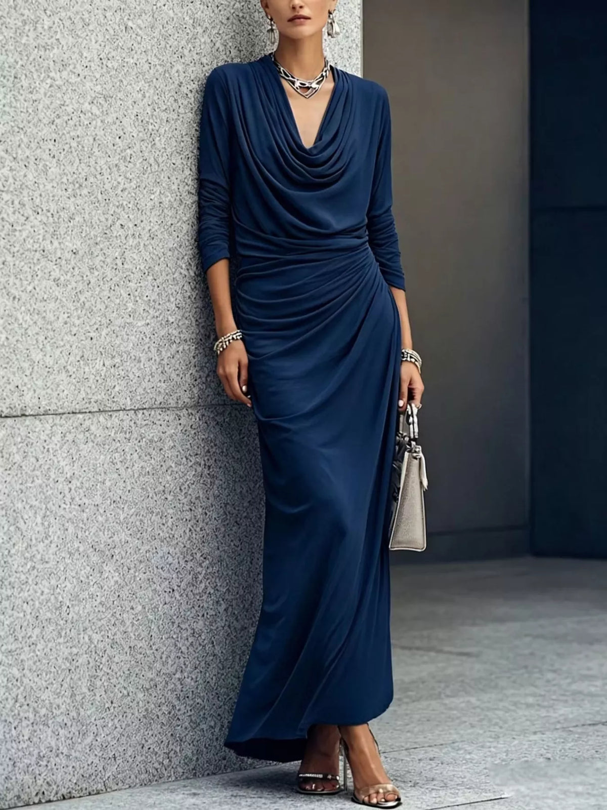 Cowl Neck Long Sleeve Maxi Dress - Navy Blue - View 1