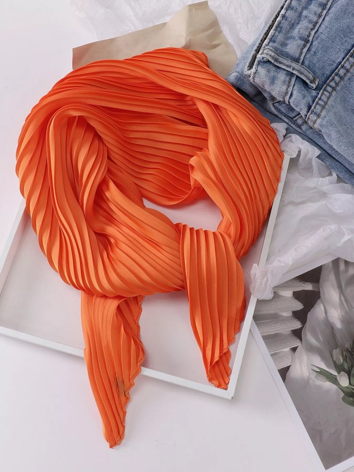 Pleated Satin Scarf - Pleated Orange - View 4