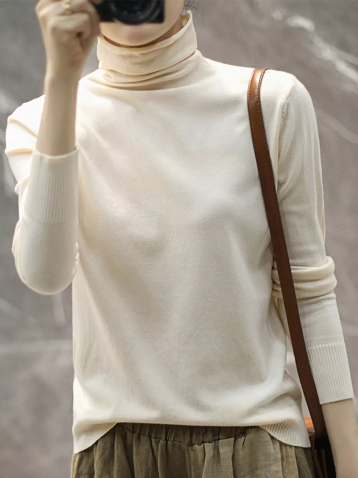 Full Size Slim-Fit Turtleneck Knit Top Plus Size - Beige - View 46