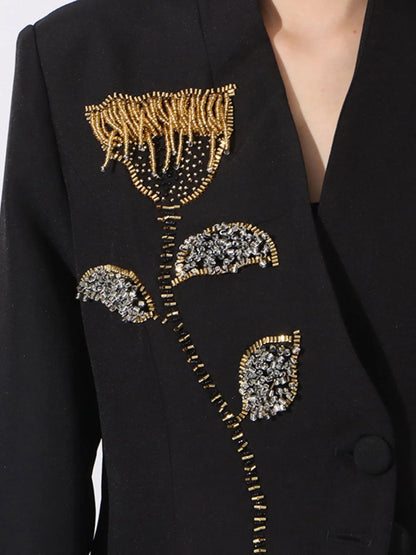 Flower Button Front Long Sleeve Blazer - Black - View 2