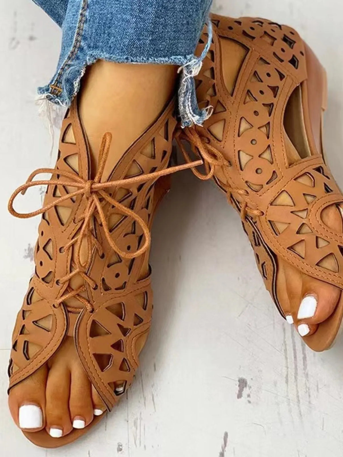 Lace-Up Geometric Cutout Sandals - Dark Brown - View 2