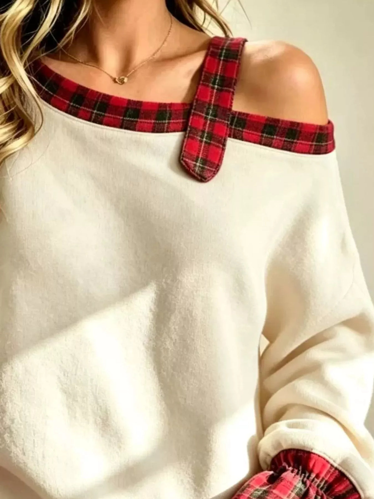 Full Size Cold-Shoulder Plaid Patchwork Long Sleeve Top Plus Size - Beige - View 2