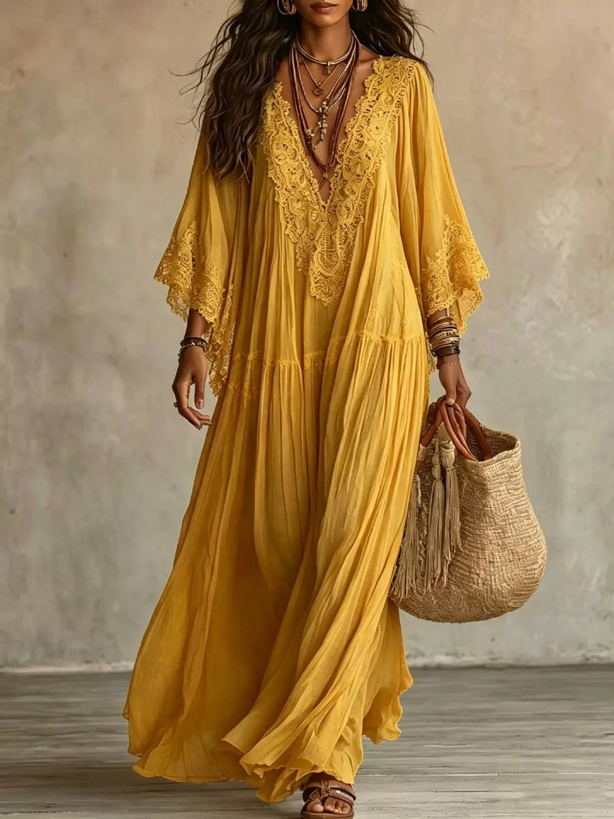 Lace Trim V-Neck Maxi Dress - Mustard - View 1