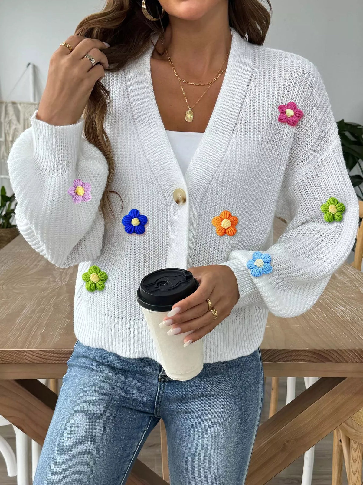 3D Floral Appliques Button Up Cardigan - White - View 4