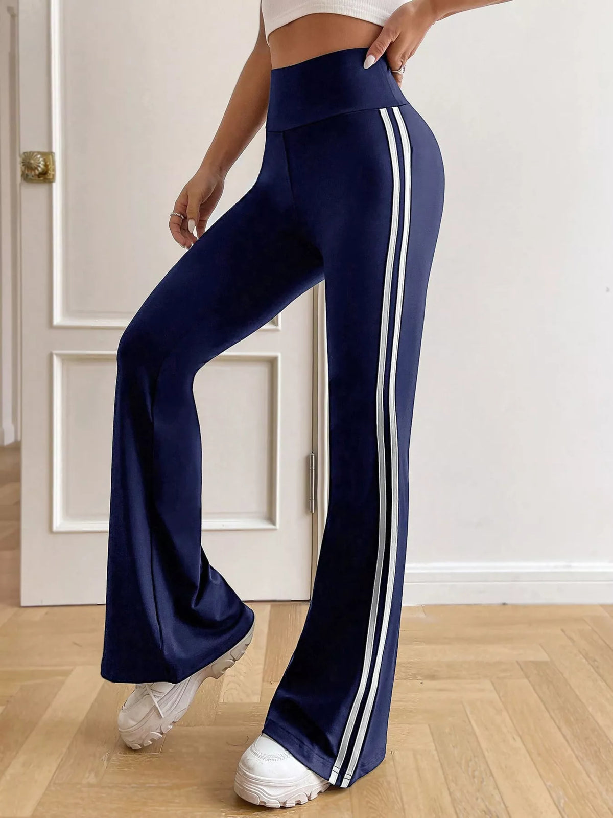 High-Waisted Side-Striped Flare Active Pants - Blue and White Strips - View 2