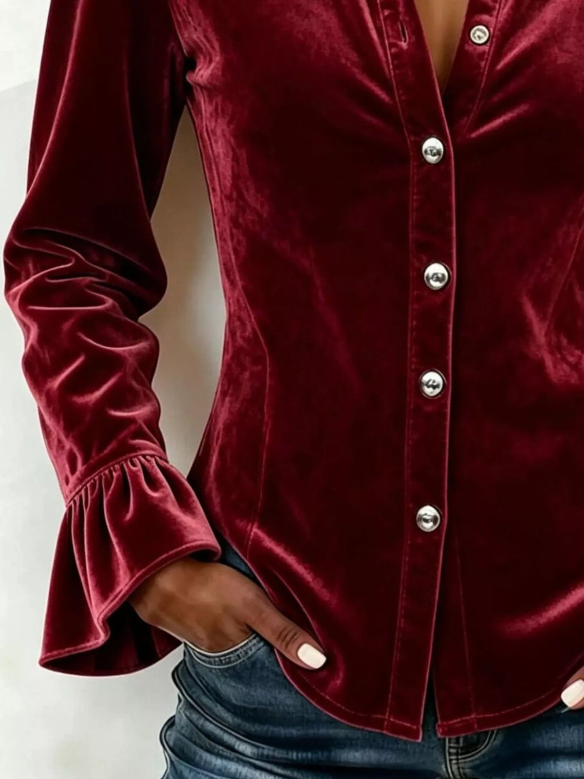 Velvet Button-Down Flounce Sleeve Shirt - Wine Red - View 2