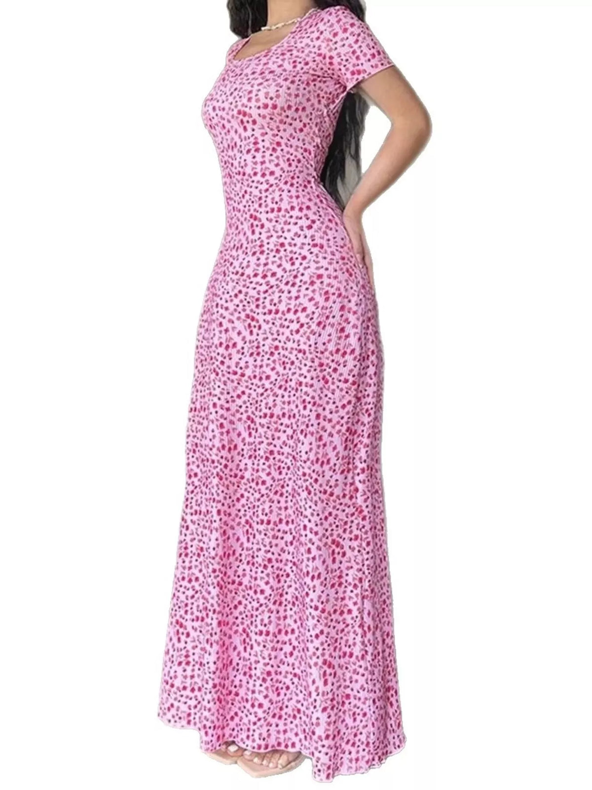 Floral Print Short Sleeve Maxi Dress - Pink - View 4