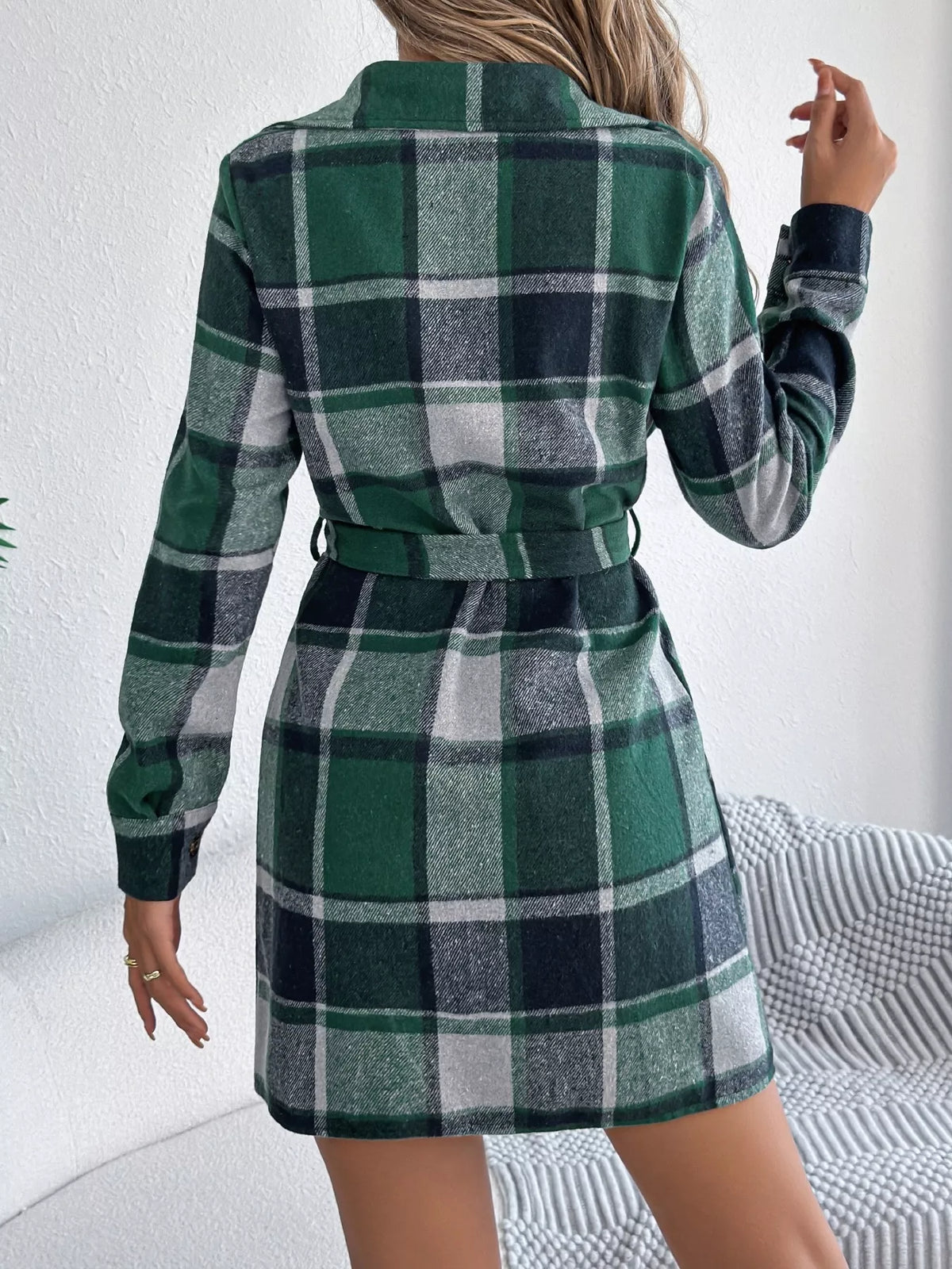 Plaid Button Front Tie Waist Shirt Dress - Green - View 7