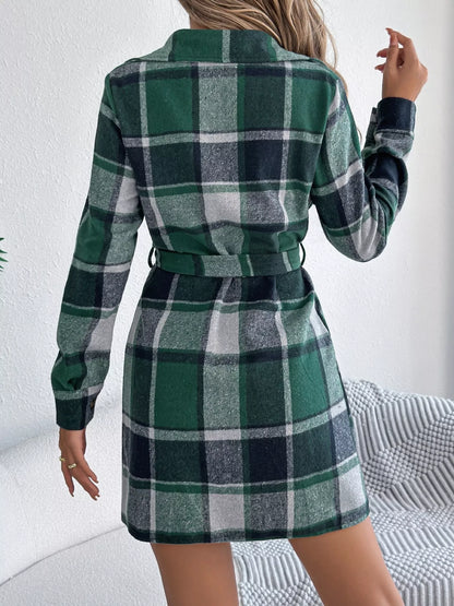 Plaid Button Front Tie Waist Shirt Dress - Green - View 7