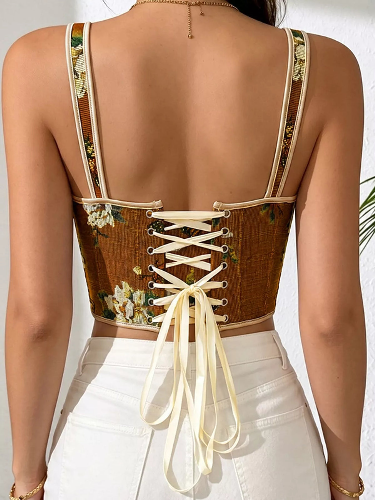 Floral Lace Up Back Tank - Brown - View 6