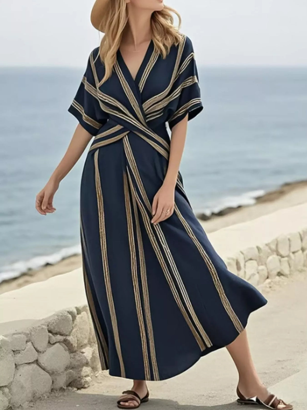 Full Size Striped Surplice Half Sleeve Midi Dress Plus Size - Dark Navy - View 1