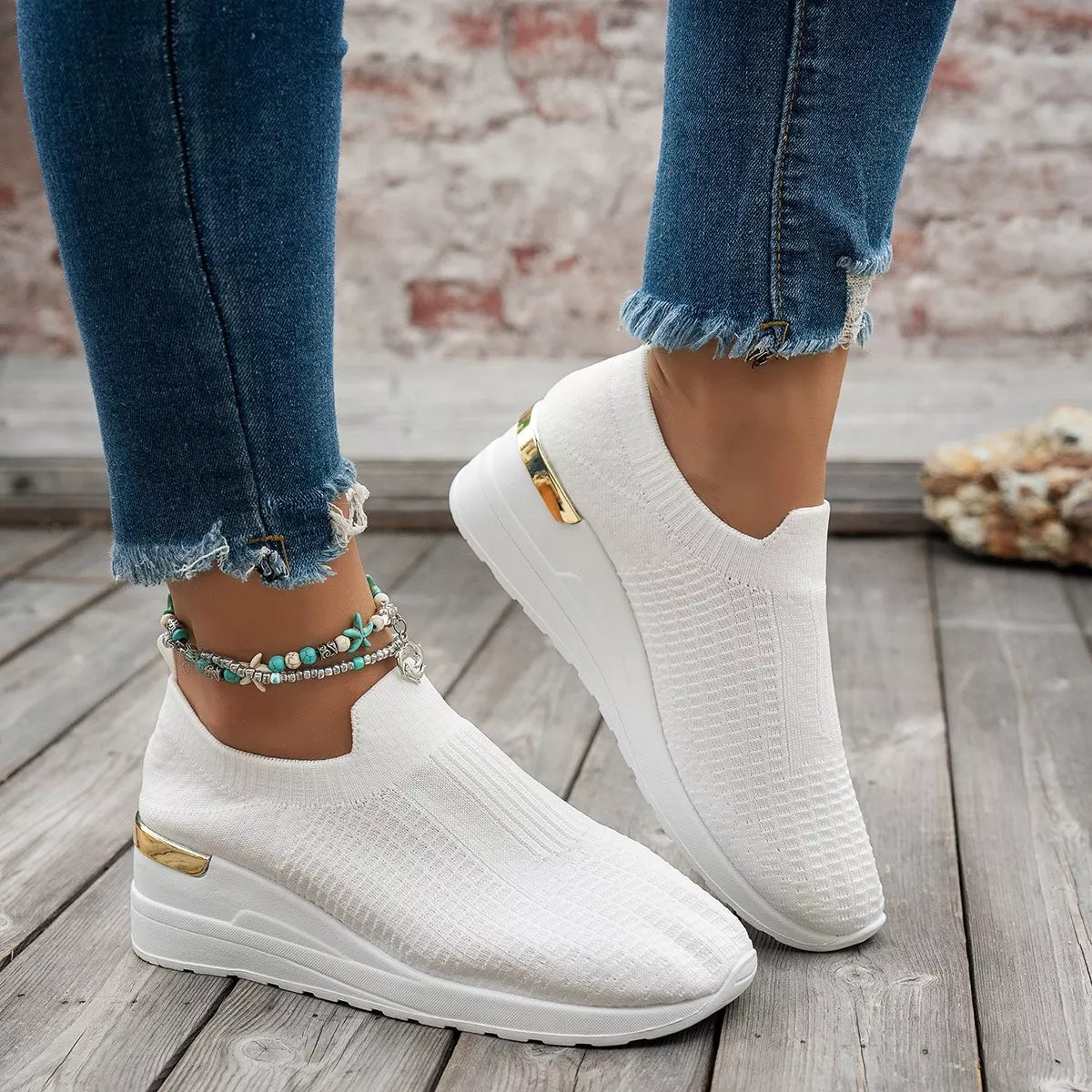 Mesh Round Toe Wedge Athletic Sneakers - White - View 12