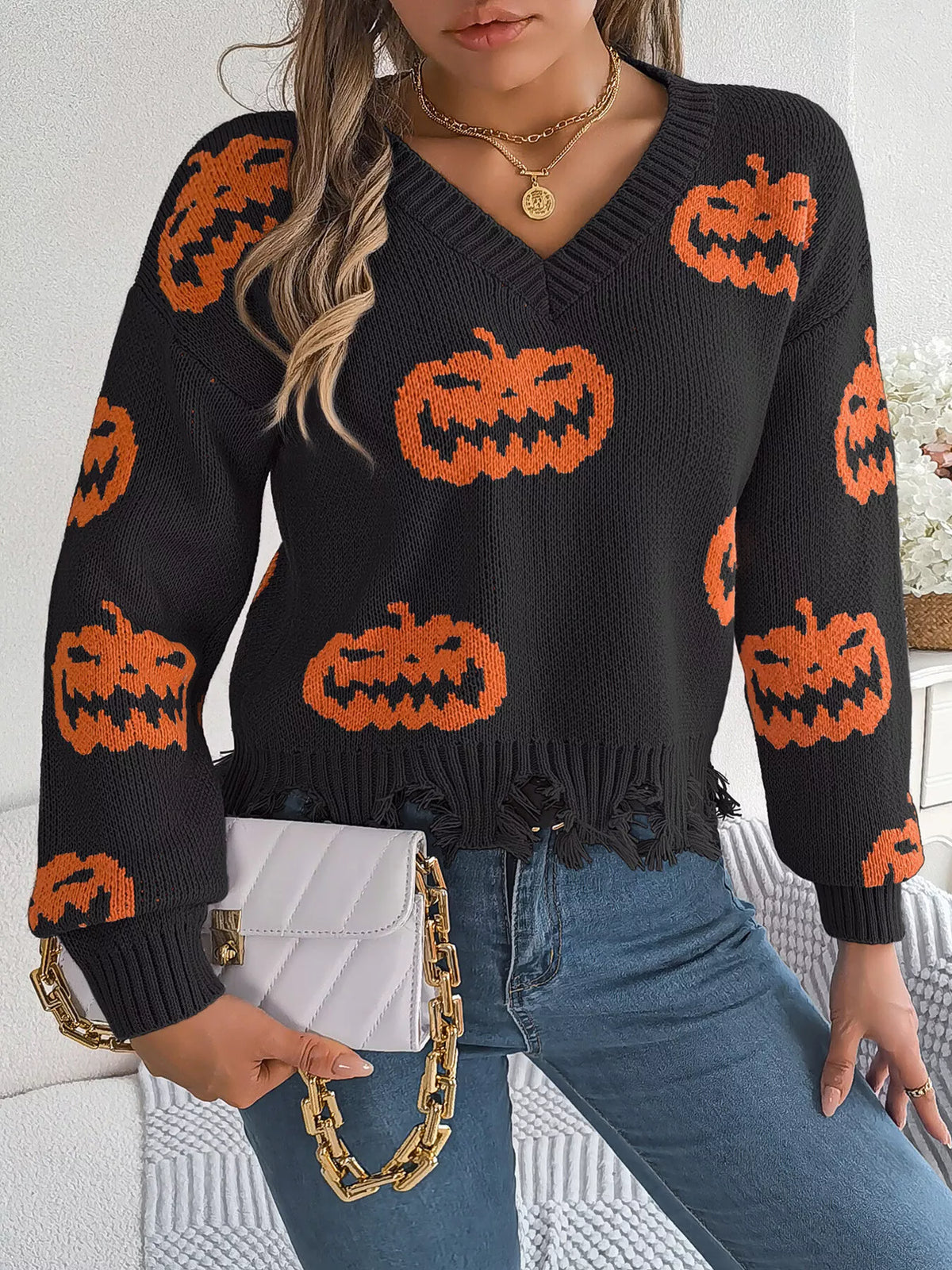 Pumpkin Distressed Hem Sweater - Black - View 5