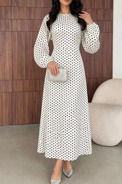 Polka Dot Long Sleeve Maxi Dress - White - View 4
