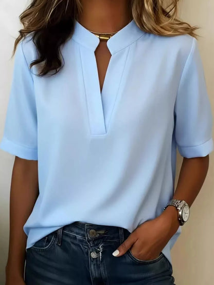Full Size Notched Short Sleeve Blouse Plus Size - Sky Blue - View 1