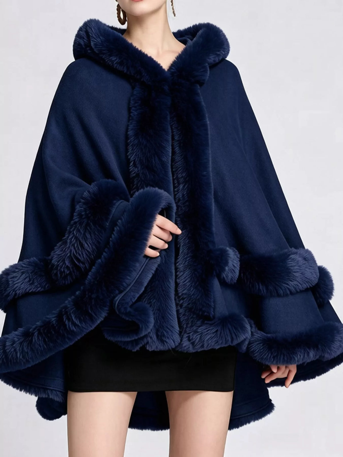 Faux Fur Trimmed Hooded Cape - Navy - View 59