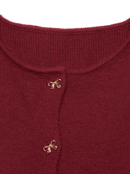 Bow Button Up Knit Cardigan - Burgundy - View 8