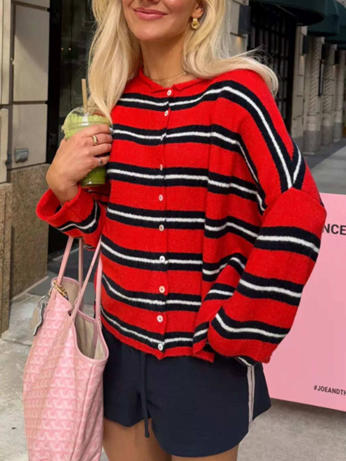Striped Button-Down Knit Cardigan - Deep Red - View 4