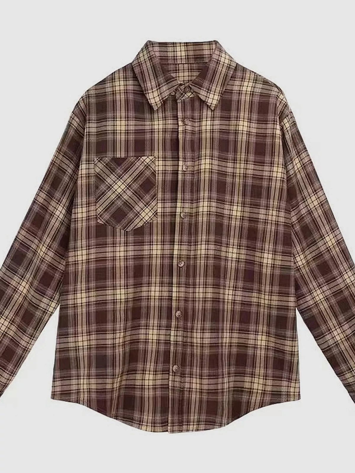 Casual Loose Fit Plaid Shirt - Brown-Plaid - View 13