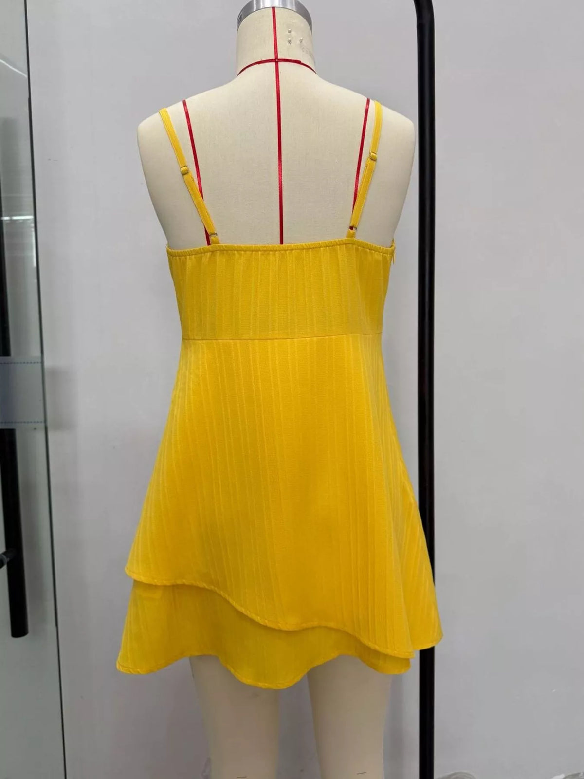Spaghetti Strap Bow-Front Layered Mini Dress - Yellow - View 5