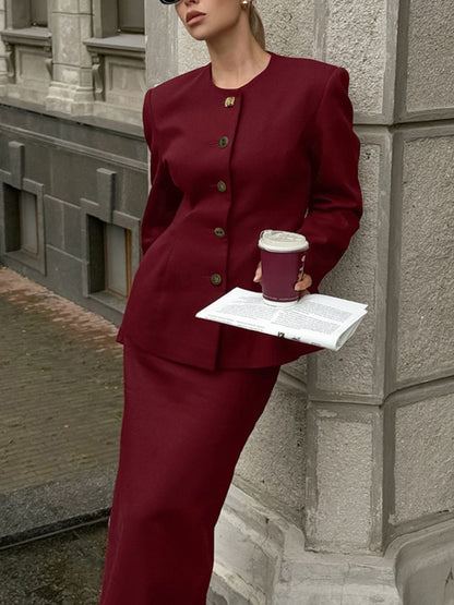 Button Up Peplum Blazer & Skirt Set - Burgundy - View 4