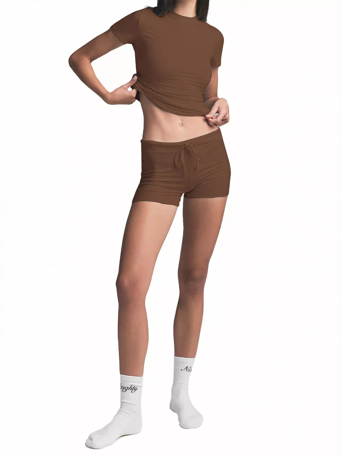 Mock Neck Crop Top and Drawstring Shorts Set - Brown - View 2