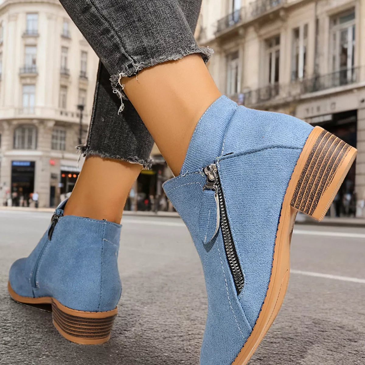 Point Toe Block Heels Boots - Sky Blue - View 18