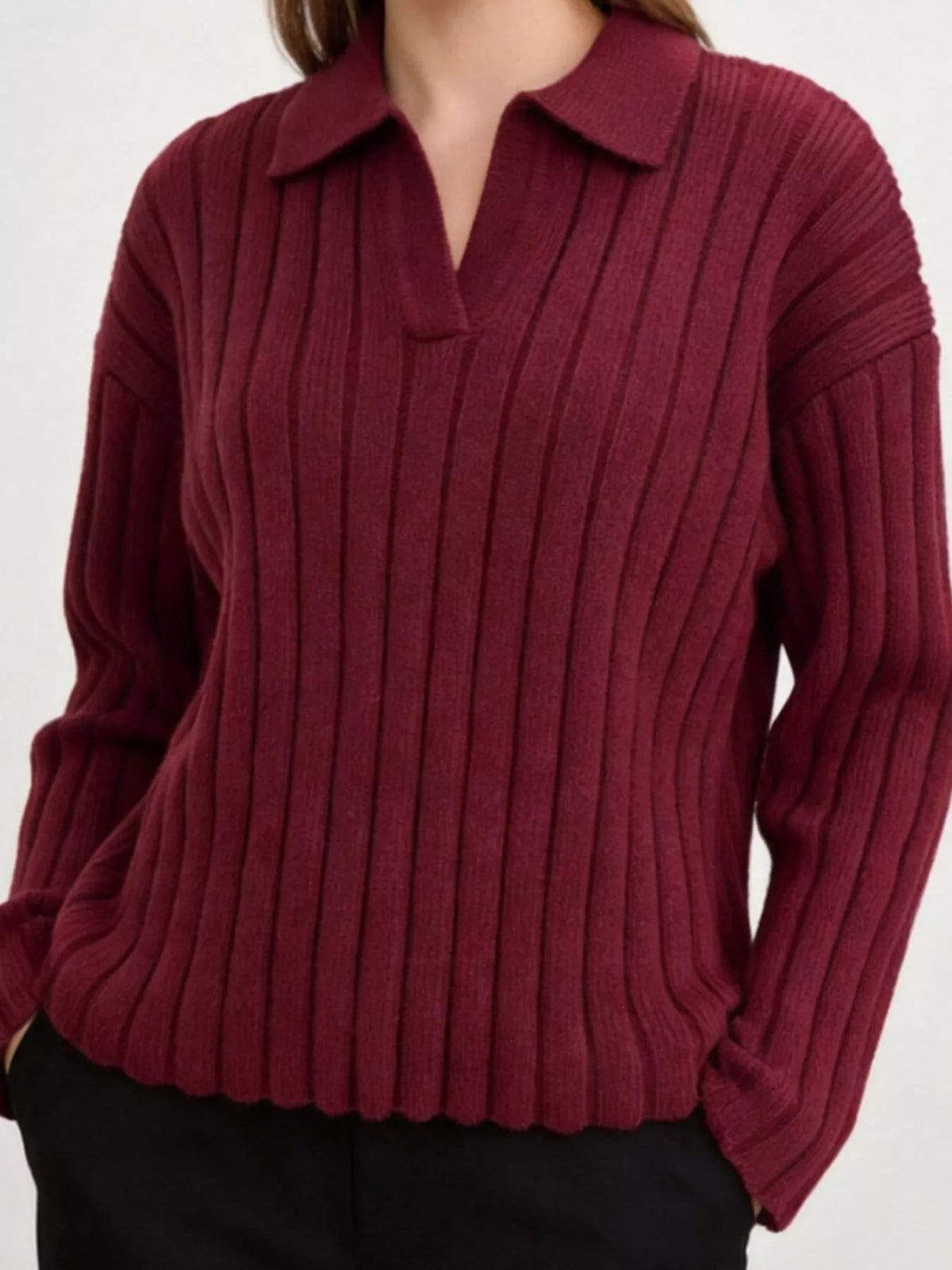 Ribbed Knit Polo Collar Sweater - Red - View 2