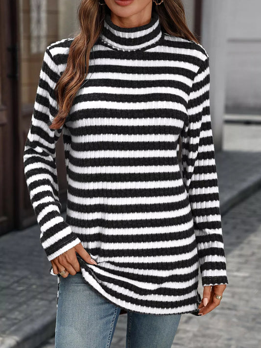 Striped Ribbed Knit Turtleneck Long Sleeve T-Shirt - Black - View 2