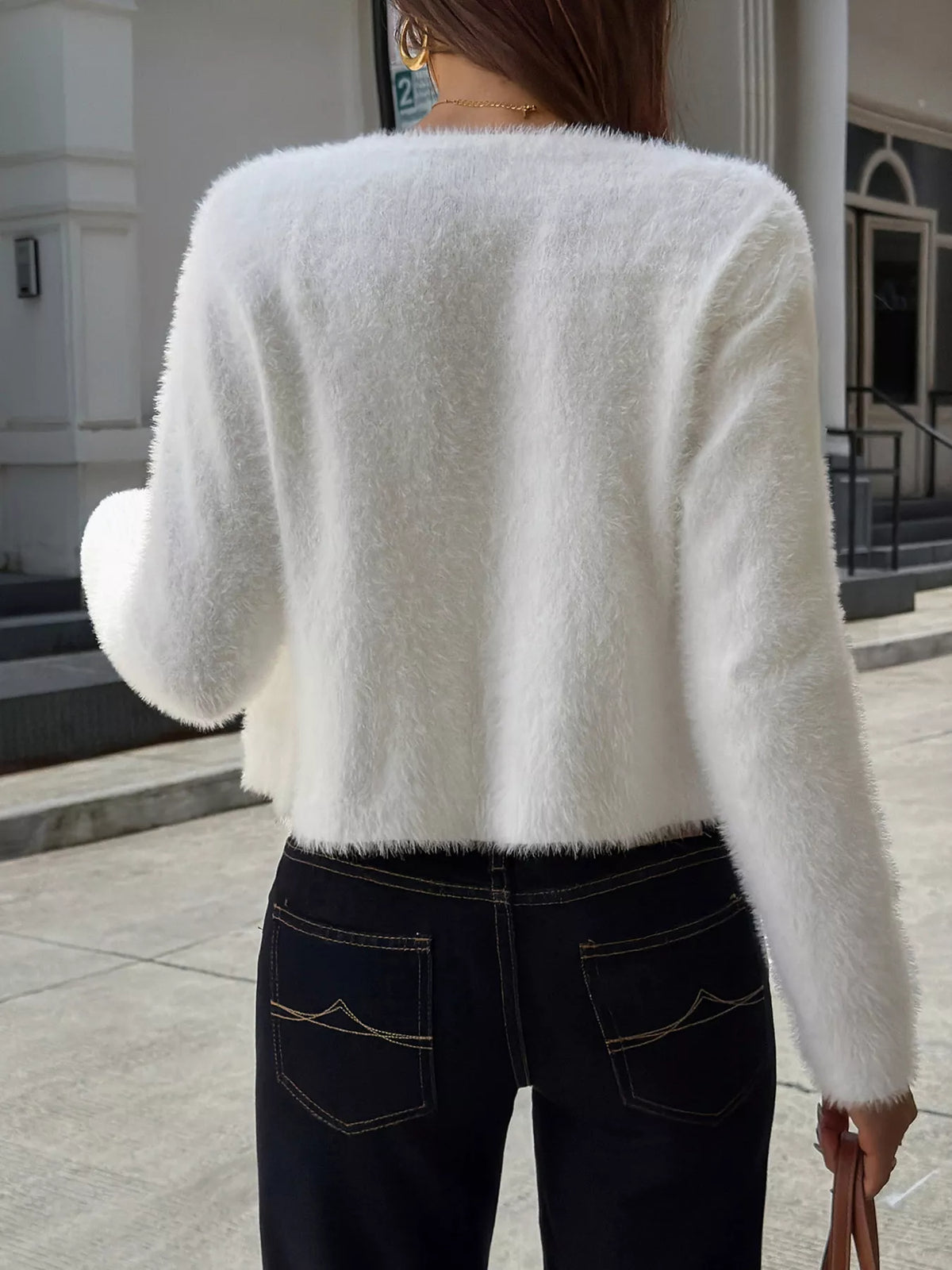 Fuzzy Knit Button-Down Cardigan - Beige - View 5