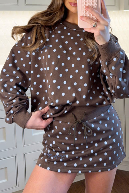 Brown Polka Dot Bow-Detail Skort Set